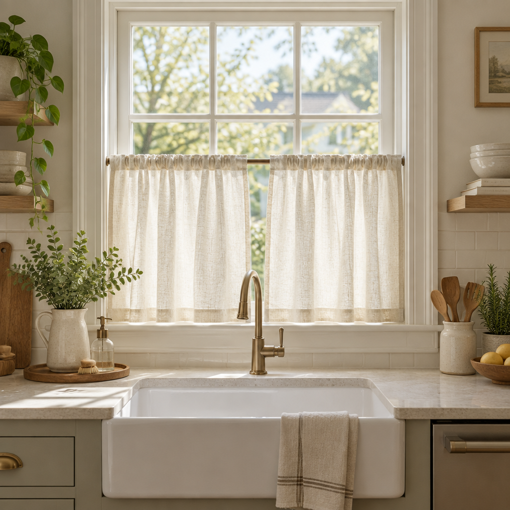 Short ivory linen curtains on a sunlit kitchen window