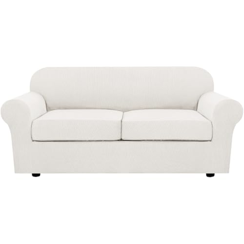 3 Piece Stretch Sofa Covers for 2 Cushion Sofa Couch Covers for Living Room Sofa (Medium-XL / Porcelain White)