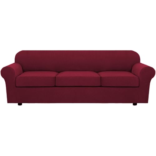 4 Piece Stretch Sofa Covers for 3 Cushion Couch Covers for Living Room Furniture Slipcovers (Large Plus / Burgundy)