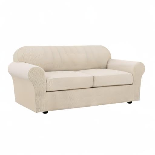 3 Piece Stretch Sofa Covers for 2 Cushion Sofa Couch Covers for Living Room Sofa Slipcovers (Medium-XL / Natural)