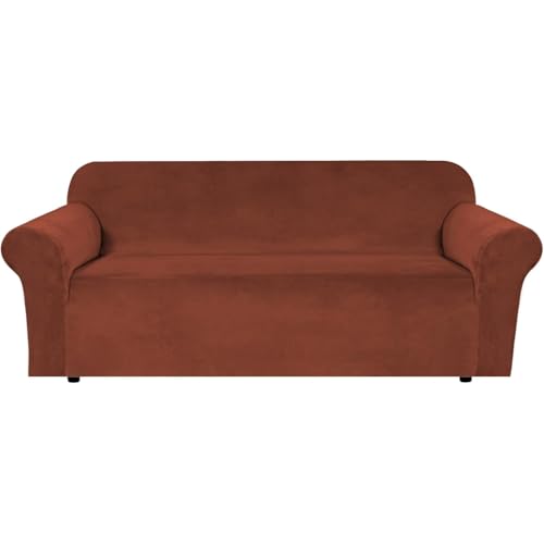 Stretch Velvet Sofa Covers for 3 Cushion Couch Covers Furniture Protector Soft with Non Slip Elastic Bottom (Rust / Sofa L)