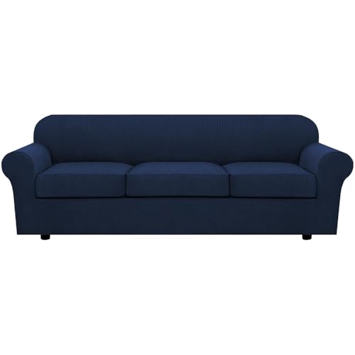4 Piece Stretch Sofa Covers for 3 Cushion Couch Covers for Living Room Furniture Slipcovers (Large Plus / Navy)