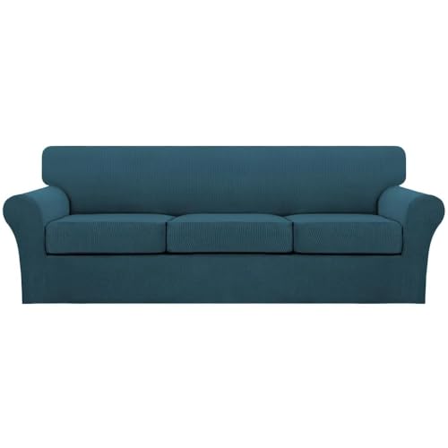 4 Piece Sofa Covers for 3 Cushion Couch Sofa Slipcover Soft Couch Cover for Dogs Washable Furniture Cover with 3 Individual Large Cushion Covers Feature Fabric (L Sofa (3 Cushion) / Deep Teal)
