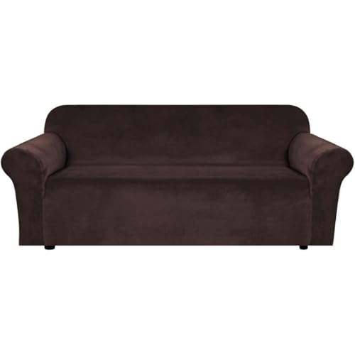 Stretch Velvet Sofa Covers for 3 Cushion Couch Covers Furniture Protector Soft with Non Slip Elastic Bottom (Chocolate / Sofa L)