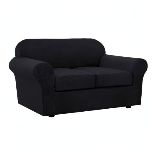 3 Piece Stretch Sofa Covers for 2 Cushion Loveseat Couch Covers for Living Room Furniture Cover (Medium / Black)
