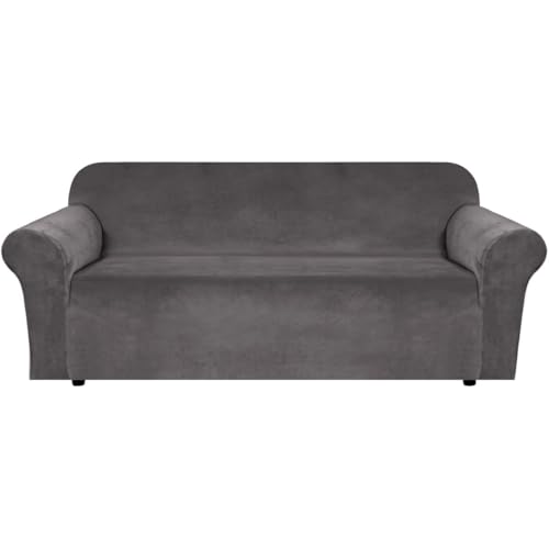 Stretch Velvet Sofa Covers for 3 Cushion Couch Covers Furniture Protector Soft with Non Slip Elastic Bottom (Charcoal Gray / Sofa L)