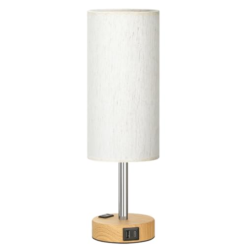 Bedside Table Lamp for Bedroom (Cream Shade-Wood Base / 14")
