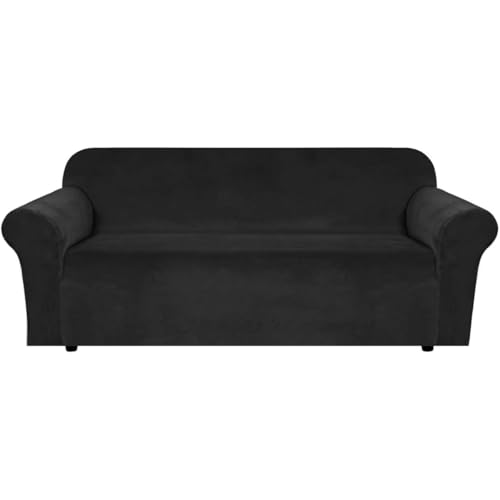 Stretch Velvet Sofa Covers for 3 Cushion Couch Covers Furniture Protector Soft with Non Slip Elastic Bottom (Jet Black / Sofa L)