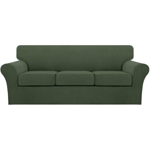 4 Piece Sofa Covers for 3 Cushion Couch Sofa Slipcover Soft Couch Cover for Dogs Washable Furniture Cover with 3 Individual Large Cushion Covers Feature Fabric (L Sofa (3 Cushion) / Bronze Green)