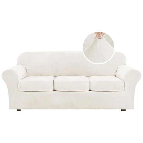 Modern Velvet Plush 4 Piece High Stretch Sofa Slipcover Sofa Cover Furniture Protector Form Fit Thick Velvet Sofa Cover for 3 Cushion Couch Width Up to 90 Inch (3 Cushion Sofa / Porcelain White)