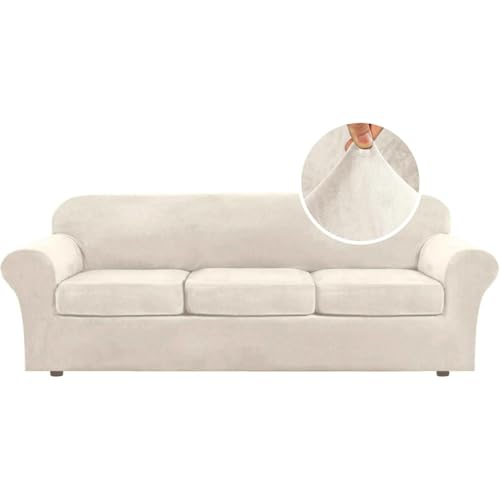 High Stretch Sofa Slipcover 4 Piece Cover Velvet Furniture Protector Form Fit Thick Velvet Extra Large Sofa Cover for 3 Cushion Couch Width Up to 97 Inch (3 Cushion Large Sofa / Ivory)