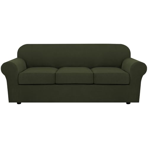 4 Piece Stretch Sofa Covers for 3 Cushion Couch Covers for Living Room Furniture (Large / Olive)