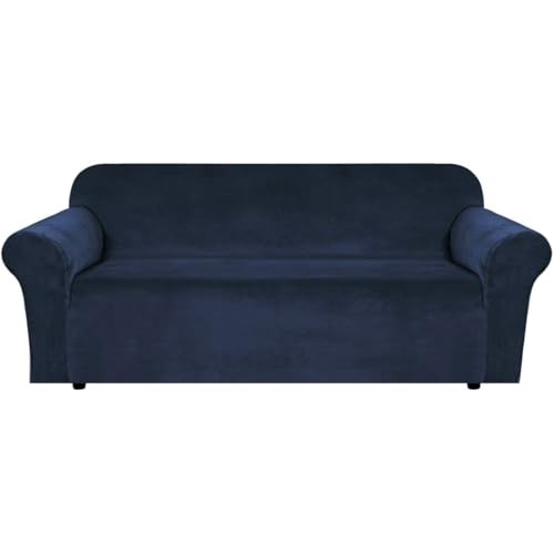 Stretch Velvet Sofa Covers for 3 Cushion Couch Covers Furniture Protector Soft with Non Slip Elastic Bottom (Navy / Sofa L)