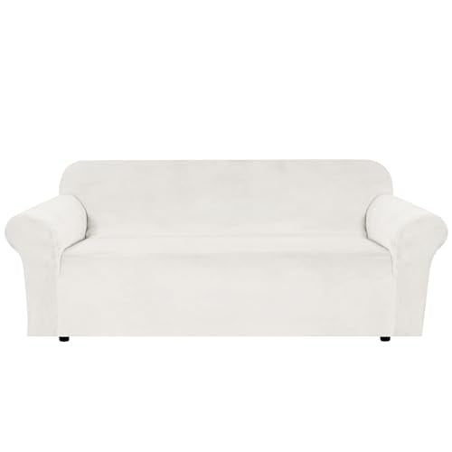 Stretch Velvet Sofa Covers for 3 Cushion Couch Covers Furniture Protector Soft with Non Slip Elastic Bottom (Porcelain White / Sofa)