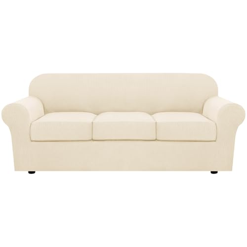 4 Piece Stretch Sofa Covers for 3 Cushion Couch Covers for Living Room Furniture (Large / Cream)