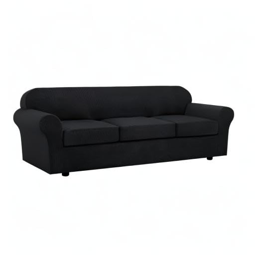 4 Piece Stretch Sofa Covers for 3 Cushion Couch Covers for Living Room Furniture Slipcovers (X-Large / Black)