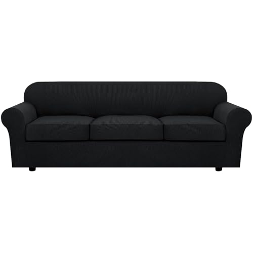 4 Piece Stretch Sofa Covers for 3 Cushion Couch Covers for Living Room Furniture Slipcovers (Large Plus / Black)