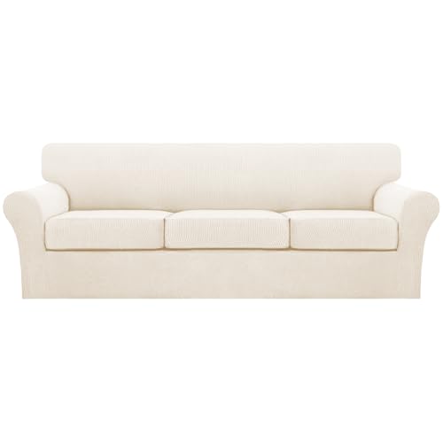 4 Piece Sofa Covers for 3 Cushion Couch Sofa Slipcover Soft Couch Cover for Dogs Washable Furniture Cover with 3 Individual Large Cushion Covers Feature Fabric (L Sofa (3 Cushion) / Cream)