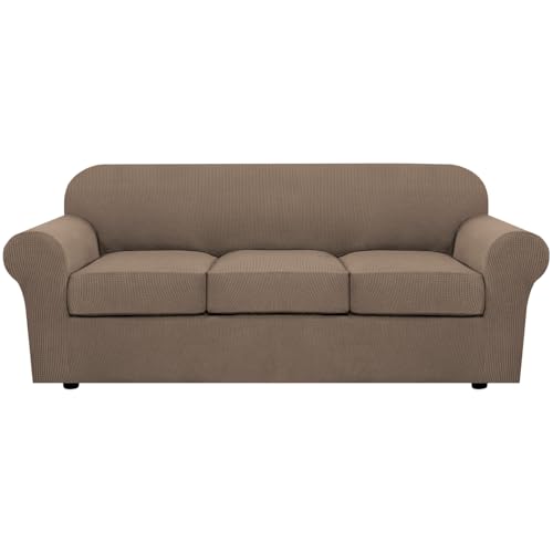 4 Piece Stretch Sofa Covers for 3 Cushion Couch Covers for Living Room Furniture Slipcovers (Large / Macchiato)