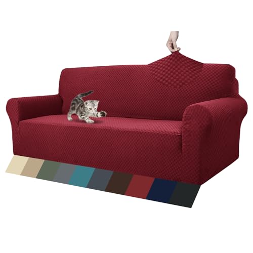 1 Piece Jacquard Couch Covers for 3 Cushion Couch Living Room High Stretch Sofa Cover Pets Dogs Friendly Anti Slip Thickened Slipcovers Furniture Protector (Large (71"-90") / Wine Red)