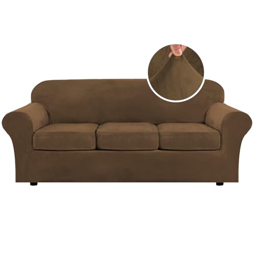 Modern Velvet Plush 4 Piece High Stretch Sofa Slipcover Sofa Cover Furniture Protector Form Fit Thick Velvet Sofa Cover for 3 Cushion Couch Width Up to 90 Inch (3 Cushion Sofa / Bronze Brown)