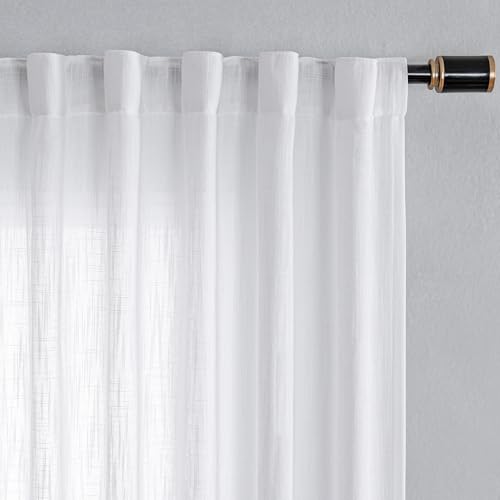 Floor to Ceiling Curtains 108 Inches White Sheer Window Drapes 1 Panel for Sliding Glass Door Back Tab Draperies Linen Look Boho Fabric (100"W x 108"L (Pack of 1) / White)