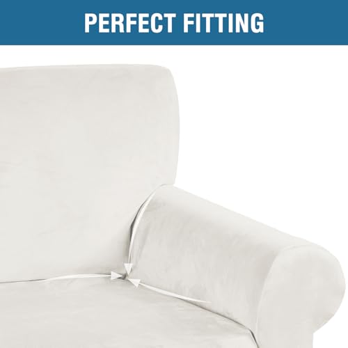 Stretch Velvet Sofa Covers for 3 Cushion Couch Covers Furniture Protector Soft with Non Slip Elastic Bottom (Porcelain White / Sofa)