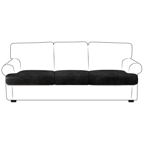 Leather Look Couch Cushion Covers Sofa Seat Slipcovers Sets Couches Furniture Protector for Sectional Armchair Loveseat Pets Kids Stretch Spandex Fabric (3 T-Cushion Sofa / Black)