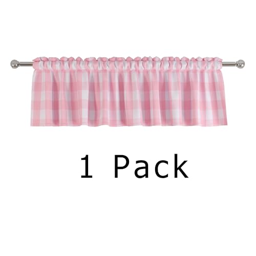 Buffalo Check Plaid Valances Gingham 1 Pack Tiers Rod Pocket Pink and White Farmhouse Short Curtains For Windows Treatment Decor Small Curtains Over Sink For Kitchen (54"W x 16"L (Pack of 1) / Pink and White)