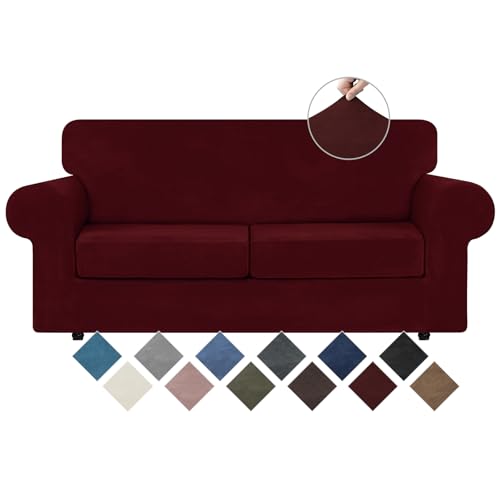 Velvet Stretch 3 Pieces Couch Cover for Sofa Washable (Medium / Burgundy)