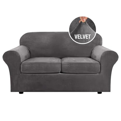 Real Velvet Plush 3 Piece Stretch Sofa Covers Couch Covers for 2 Cushion Couch Loveseat Covers Width Up to 72 Inch Feature Thick Soft Stay in Place (2 Cushion Loveseat / Grey)