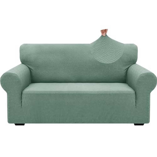 1 Piece Jacquard Couch Covers for 2 Cushion Couch High Stretch Loveseat Slipcover for Pets Dogs Anti Slip Love Seat Sofa Slipcover Furniture Protector (Medium (55"-69") / New Pattern Pea Green)