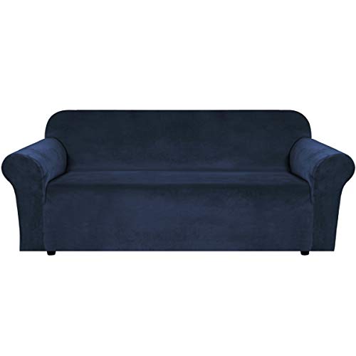 Stretch Velvet Sofa Covers for 3 Cushion Couch Covers Sofa Slipcovers Furniture Protector Soft with Non Slip Elastic Bottom (Navy / Sofa)