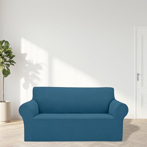 2026 New Stretch Loveseat Sofa Slipcovers Couch Cover for 2 Cushion Furniture Protector Sofa Covers with Elastic Bottom Jacquard Fabric Small Checks for Pets (Peacock Blue / Loveseat)