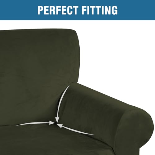 Stretch Velvet Sofa Covers for 3 Cushion Couch Covers Furniture Protector Soft with Non Slip Elastic Bottom (Olive / Sofa L)