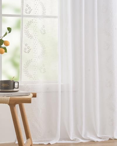 Floral Sheer Curtains (S | White / 50"W x 63"L (Pack of 2))