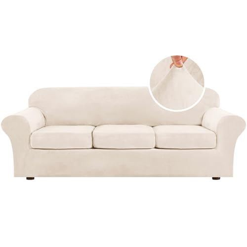 High Stretch Sofa Slipcover 4 Piece Cover Velvet Furniture Protector Form Fit Thick Velvet Extra Large Sofa Cover for 3 Cushion Couch Width Up to 97 Inch (3 Cushion Large Sofa / Cream)