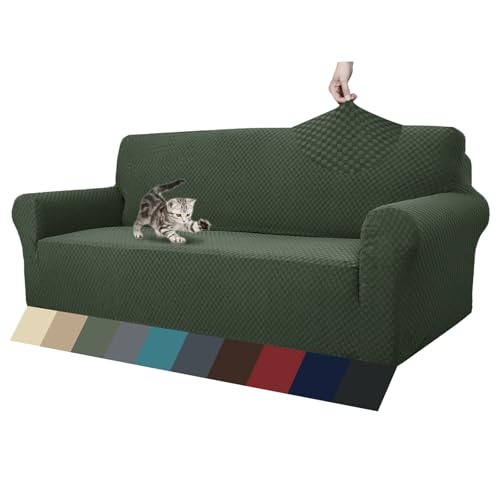 1 Piece Jacquard Couch Covers for 3 Cushion Couch High Stretch Sofa Cover for Pets Dogs Anti Slip Extra Large Sofa Slipcovers Furniture Protector (X-Large (91"-112") / Army Green)
