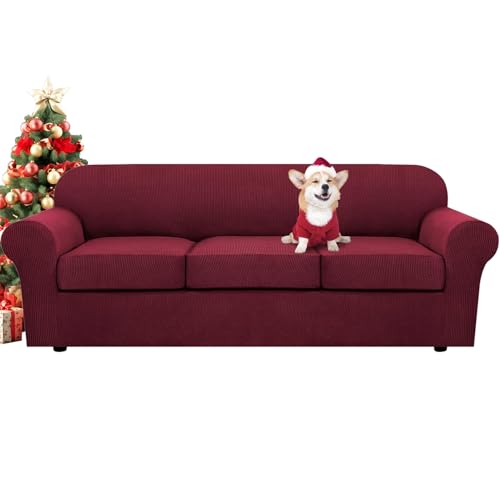 4 Piece Stretch Sofa Covers for 3 Cushion Couch Covers for Living Room Furniture Slipcovers (X-Large / Burgundy)