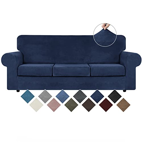 4 Pieces Couch Cover for Sofa Velvet Sofa Covers Washable (Large / Navy Blue)