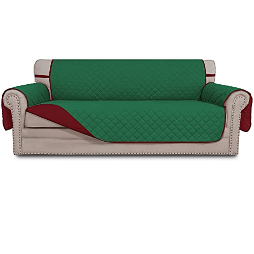 Reversible Couch Cover for 3 Cushion Couch Sofa Cover for Dogs Water Resistant Furniture Protector Cover with Foam Sticks Elastic Straps for Pet Cat (Green/Christmas Red / Large Sofa)