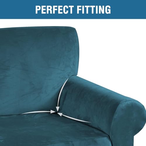 Stretch Velvet Sofa Covers for 3 Cushion Couch Covers Furniture Protector Soft with Non Slip Elastic Bottom (Deep Teal / Sofa L)