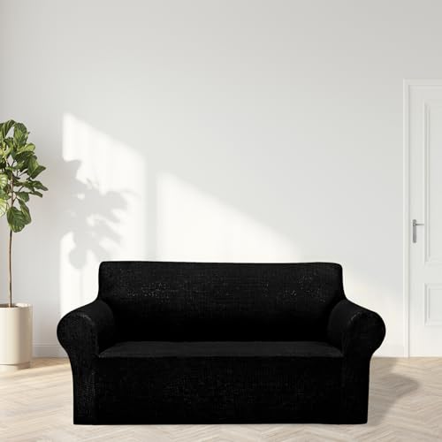 2026 New Stretch Loveseat Sofa Slipcovers Couch Cover for 2 Cushion Furniture Protector Sofa Covers with Elastic Bottom Jacquard Fabric Small Checks for Pets (Black / Loveseat)