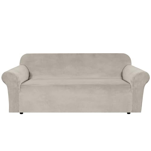 Stretch Velvet Sofa Covers for 3 Cushion Couch Covers Furniture Protector Soft with Non Slip Elastic Bottom (French Oak / Sofa)