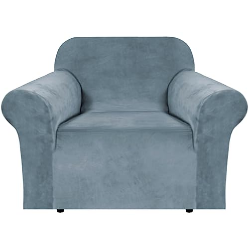 Stretch Velvet Armchair Cover Couch Covers 1 Cushion Chair Slipcover for Living Room Furniture Cover Crafted from Thick Comfy Rich Velour (Stone Blue / Armchair)