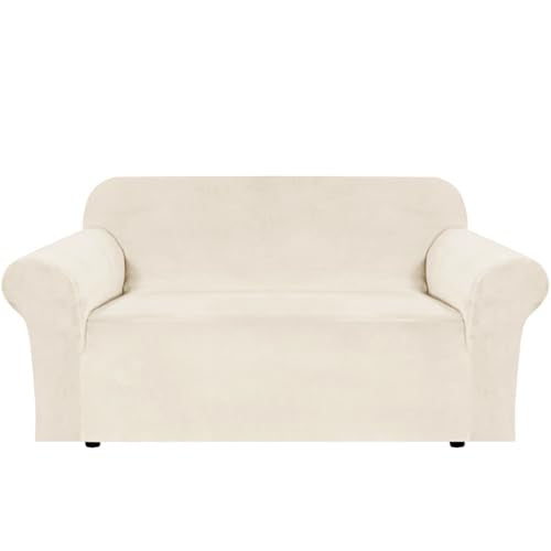 Stretch Velvet Loveseat Covers for 2 Cushion Couch Covers for Living Room Sofa Covers with Non Slip Straps Bottom (Cream / Loveseat)