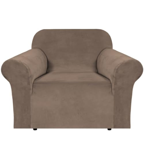 Stretch Velvet Armchair Cover Couch Covers 1 Cushion Chair Slipcover for Living Room Furniture Cover Crafted from Thick Comfy Rich Velour (Mocha / Armchair)