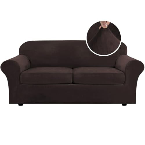 Real Velvet Plush 3 Piece Stretch Sofa Covers Couch Covers for 2 Cushion Couch Sofa Slipcovers Width Up to 90 Inch Feature Thick Soft Stay in Place (2 Cushion Sofa / Brown)