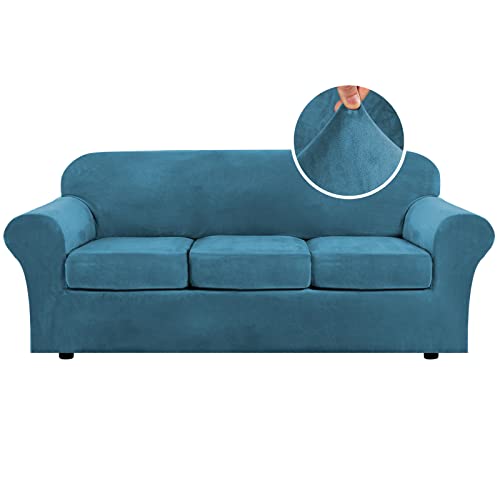 Modern Velvet Plush 4 Piece High Stretch Sofa Slipcover Sofa Cover Furniture Protector Form Fit Luxury Thick Velvet Sofa Cover for 3 Cushion Couch Width Up to 90 Inch (3 Cushion Sofa / Peacock Blue)
