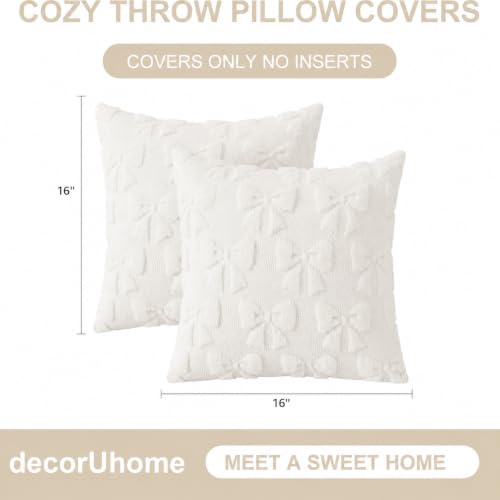 Cream White Bow Faux Fur Throw Pillow Covers 16x16 Set of 2 (Cream White Bow / 16" x 16" (Pack of 2))